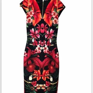 TED BAKER Floral Toucan V Neck Pencil Dress 1/4